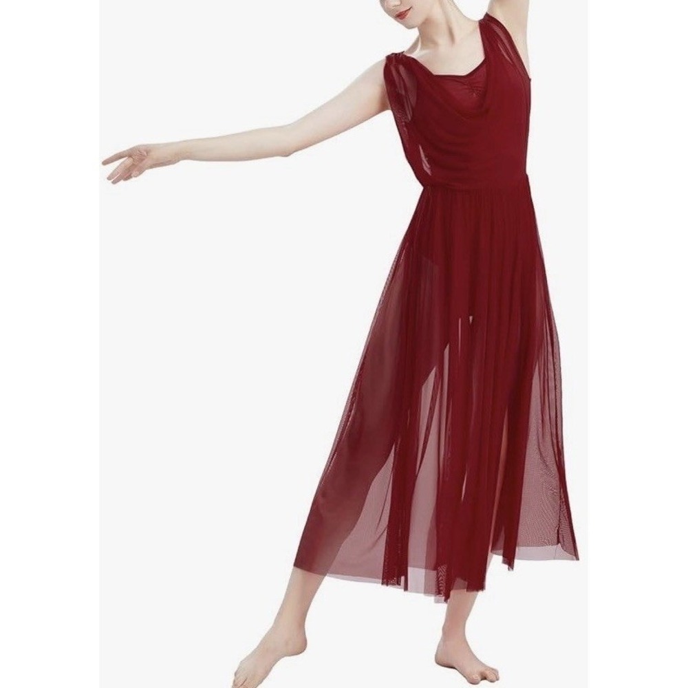 Odasdo Lyrical Dance Dress Women Small Wine Red New Flowy Overlay C1095